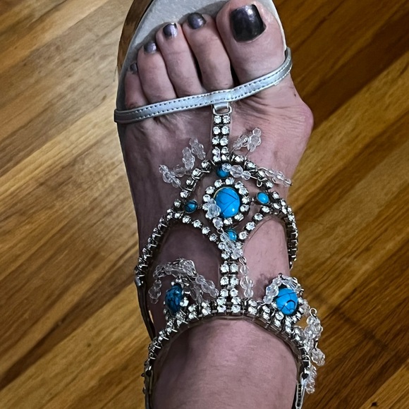 Centerfold-Rhinestone & Turquoise Stone Platform Heels,size 9, buckles at ankle - Picture 2 of 3